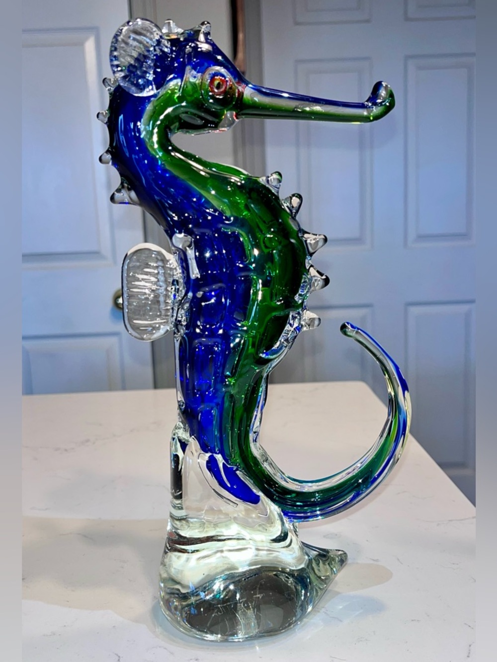 Art Glass Solid Seahorse Blue, Green Hand Blown 11” tall